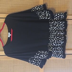 Umgee Black Top with White Patterned Fringe Sleeves Linen Blend